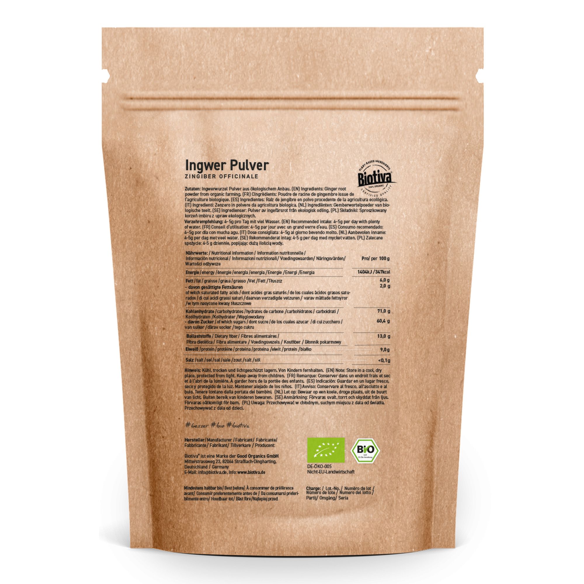 Braune Papierverpackung mit Produktinformationen. Aufdruck: Ingwer Pulver, Biotiva, Bio-Siegel.