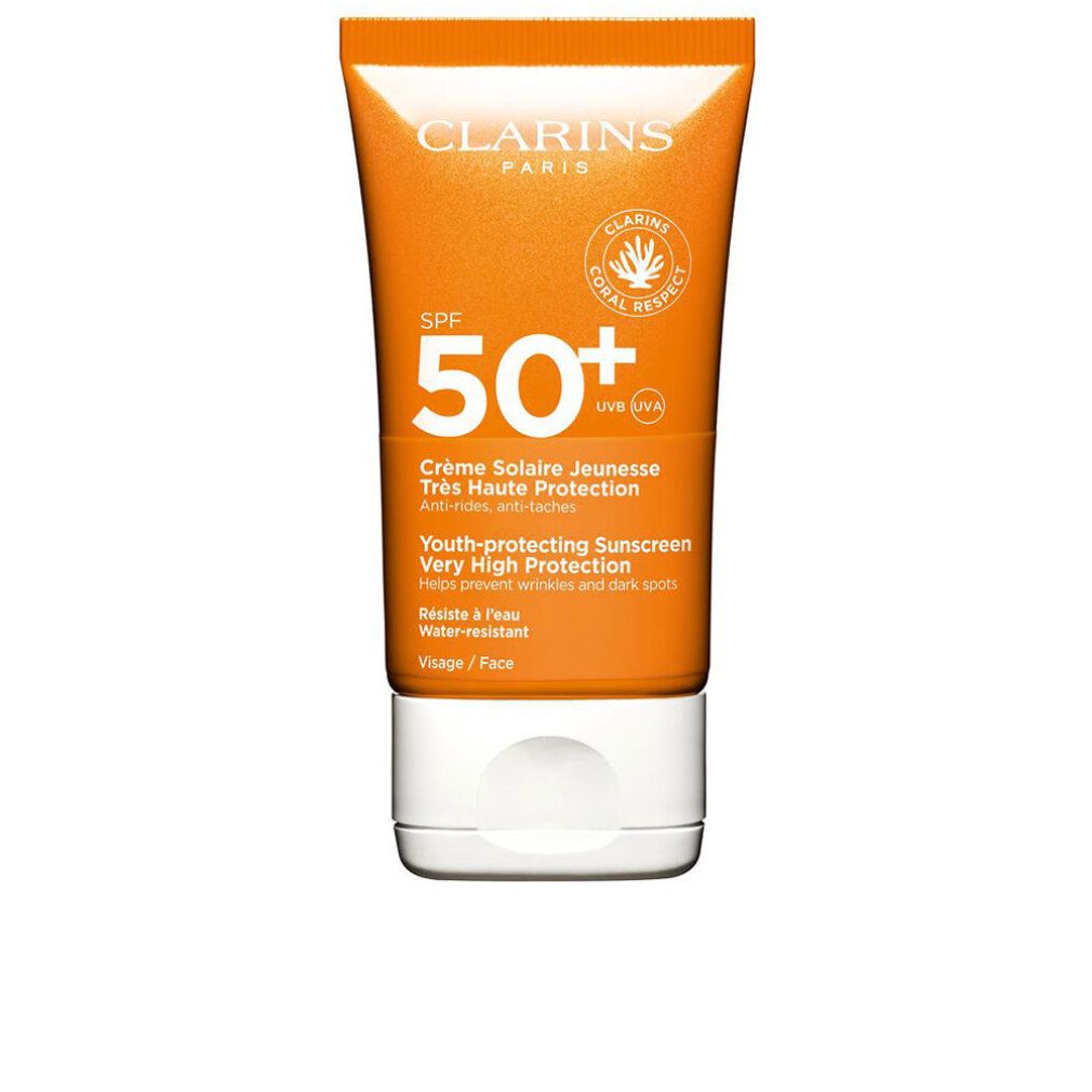 Orange Tube mit weißem Deckel. Text: Clarins Paris, SPF 50+, Crème Solaire Jeunesse, Très Haute Protection, Wasserfest.