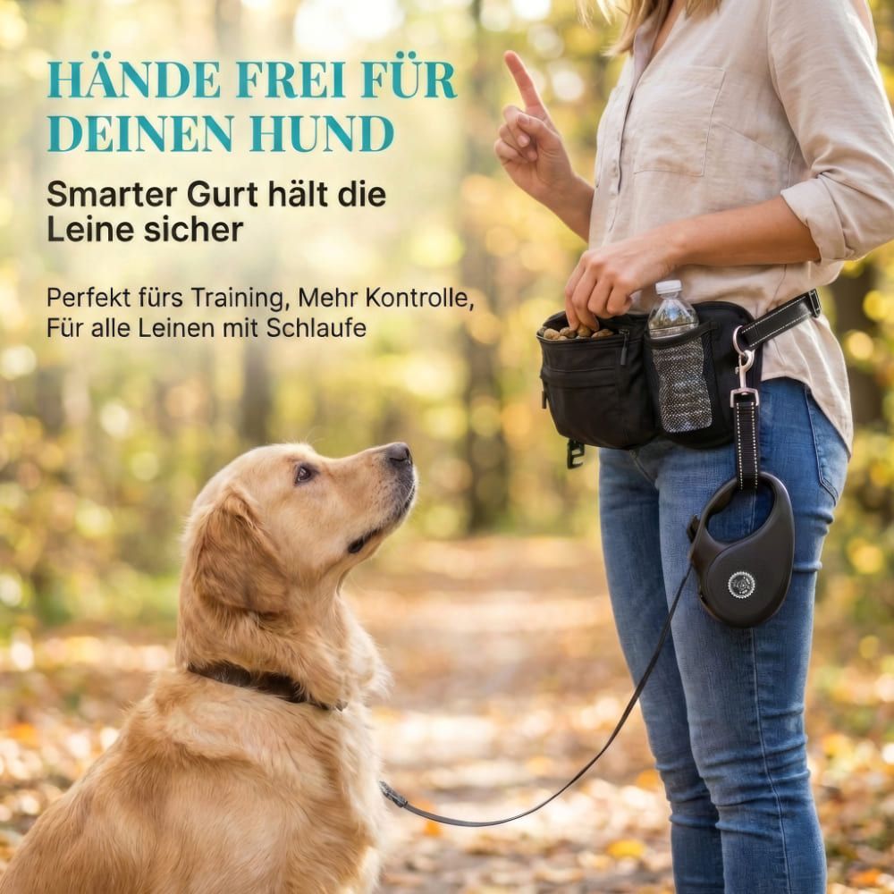 Person hält schwarze Bauchtasche mit Wasserflasche. Hund blickt auf. Smarter Gurt hält die Leine sicher. Perfekt fürs Training.