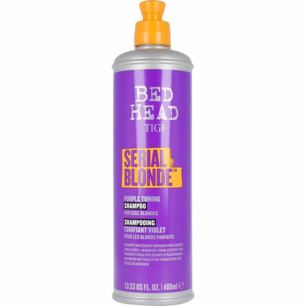 Violettes Shampoo von Bed Head Tigi. Flasche mit gelbem Deckel. Aufschrift: Serial Blonde, Purple Toning Shampoo.
