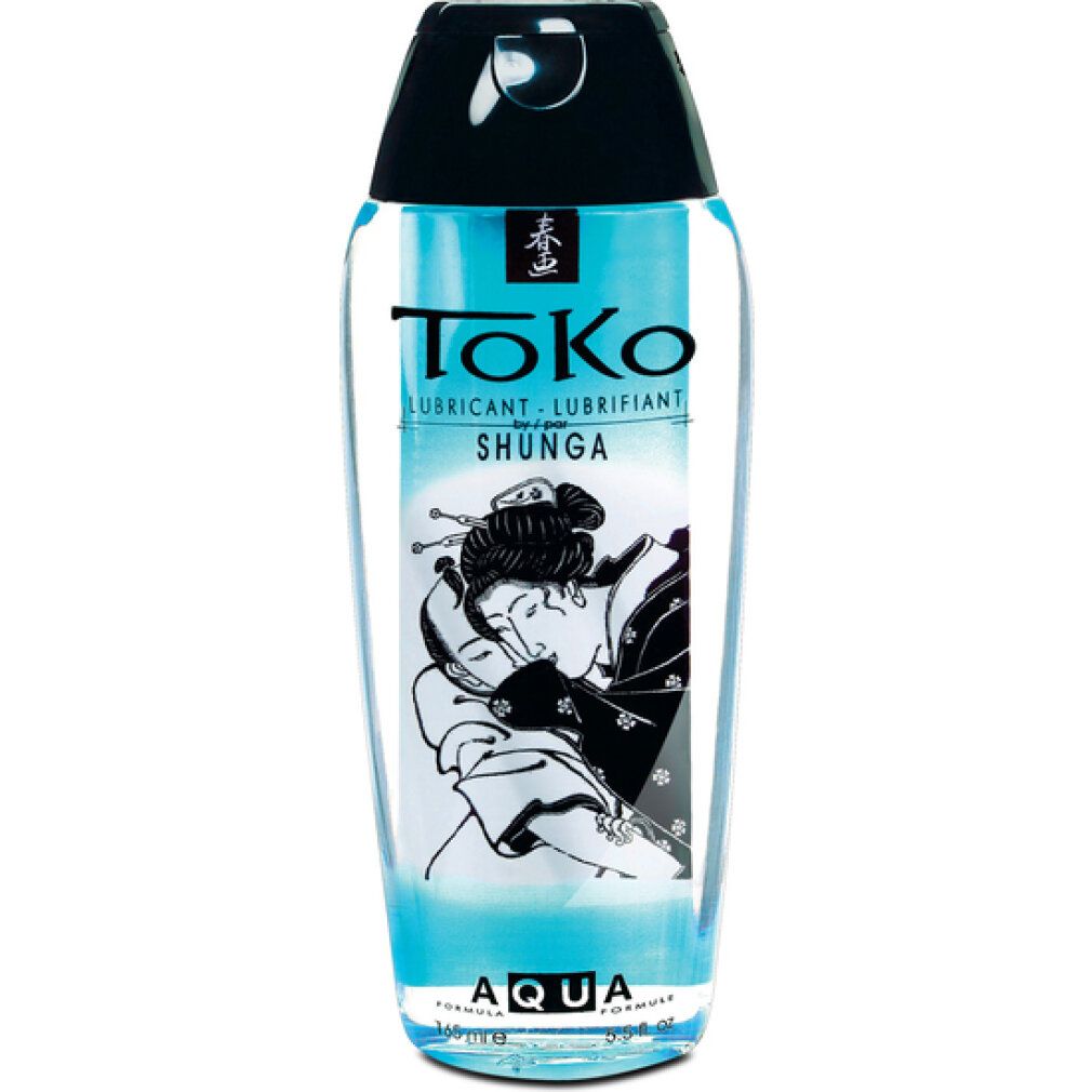 Toko Aqua Gleitmittel Shunga Flasche mit schwarzem Verschluss und japanischem Motiv.