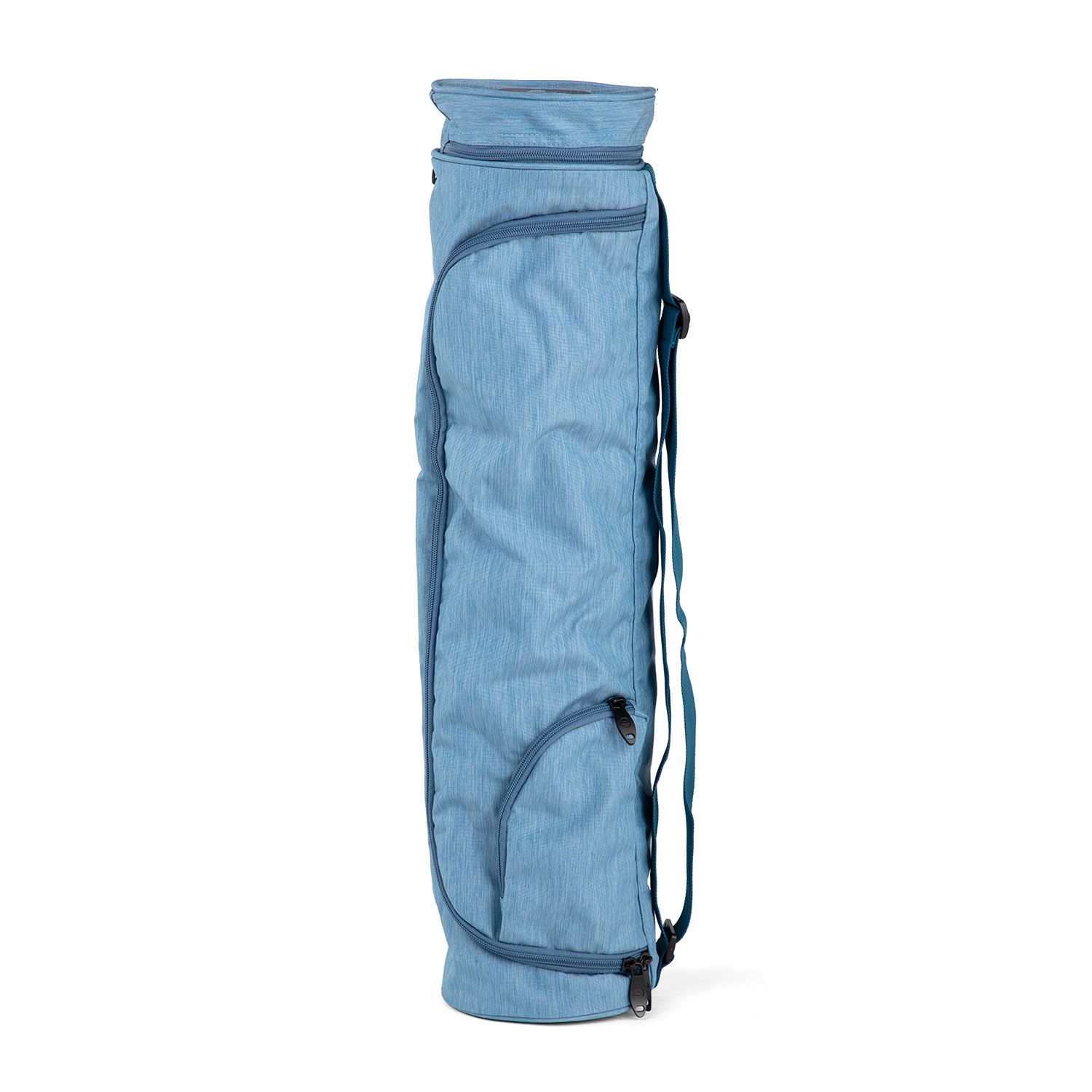 Graublaue Yogamatten Tasche, zylindrisch, mit Schultergurt und Reißverschlusstaschen. Dunkelblaue Akzente.