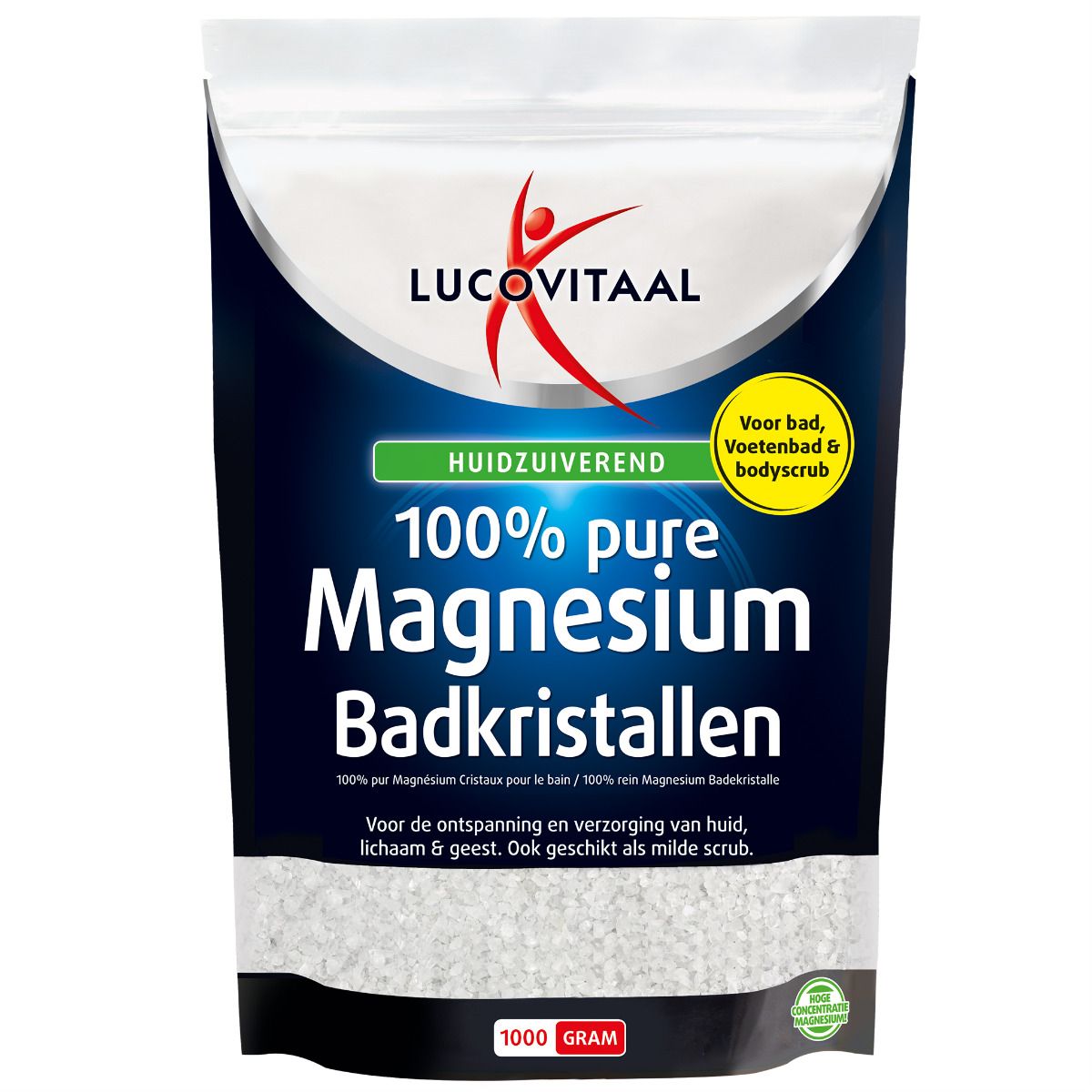 Verpackung mit Lucovitaal 100% reinem Magnesium-Badekristallen, 1000 Gramm.