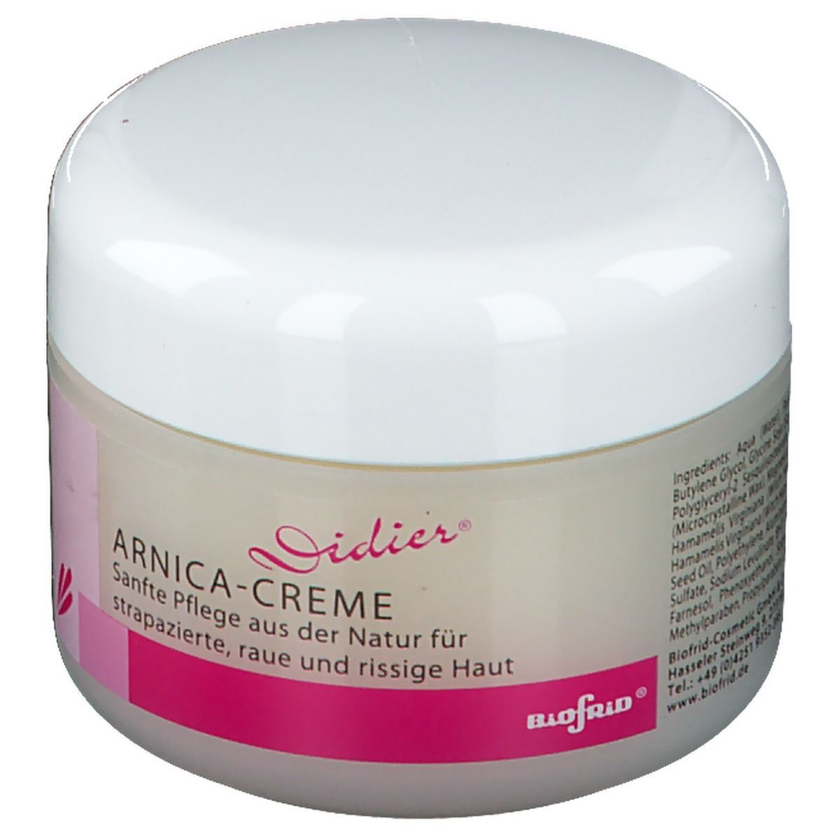 Creme-Tiegel mit weißem Deckel und rosa Etikett. Aufschrift "ARNICA-CREME" und "Didier".