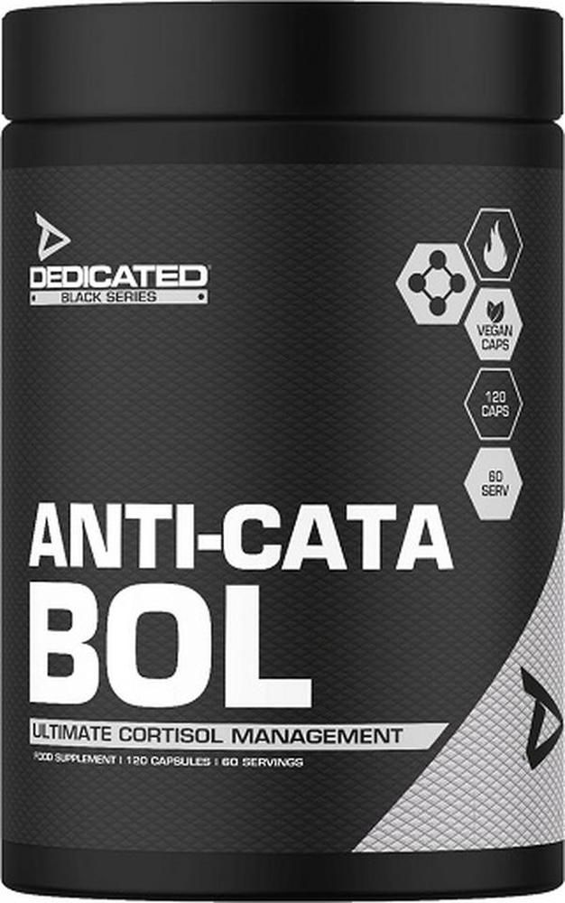 Schwarze Dose mit weißer Aufschrift ANTI-CATA-BOL. Enthält 120 Kapseln. Vegan-Kapseln. Marke: DEDICATED BLACK SERIES.