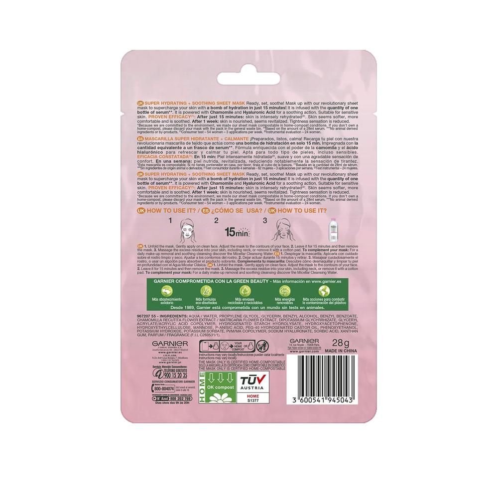 Rückseite der Garnier Skinactive Hydrabomb Gesichtsmaske. Rosa Verpackung mit Produktinformationen, Inhaltsstoffen und Anwendungshinweisen.