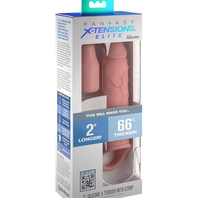 Verpackung mit Penis-Verlängerung mit Riemen. Produktname und Angaben zu Länge und Dicke sind auf der Verpackung angegeben.
