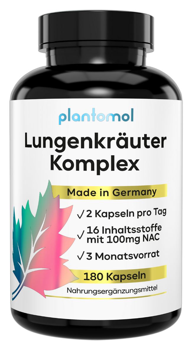 Schwarze Flasche mit Kapseln. Aufschrift: plantomol Lungenkräuter Komplex. Made in Germany. 180 Kapseln. Nahrungsergänzungsmittel.
