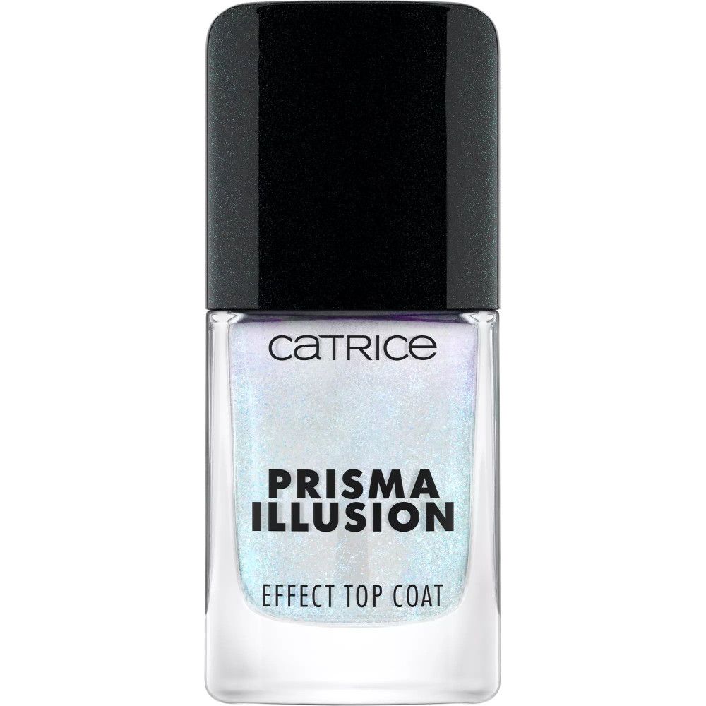Catrice Prisma Illusion Effekt Top Coat. Flasche mit schwarzem Deckel. Klarer Lack mit schimmerndem Effekt. Produktname deutlich sichtbar.