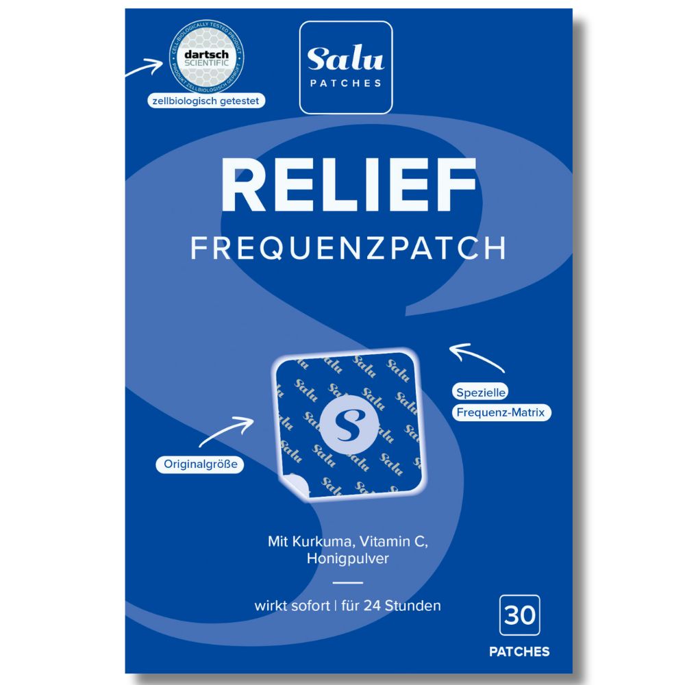 Verpackung mit Salu Patches Relief. Blaue Verpackung mit Produktnamen, Logo und Text. Enthält 30 Patches.