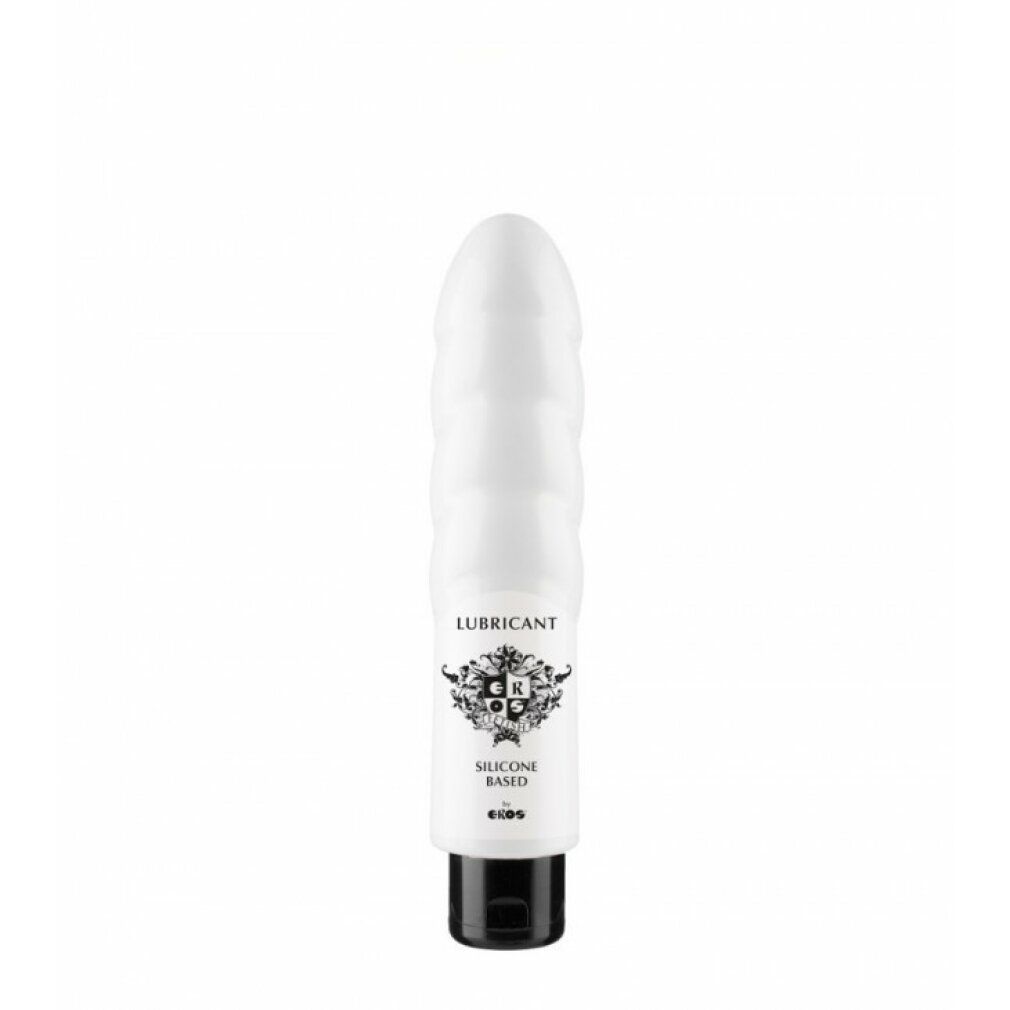 Weißes, dildo-förmiges Behältnis mit schwarzem Verschluss. Aufschrift: LUBRICANT, SILICONE BASED. Marke: EROS.