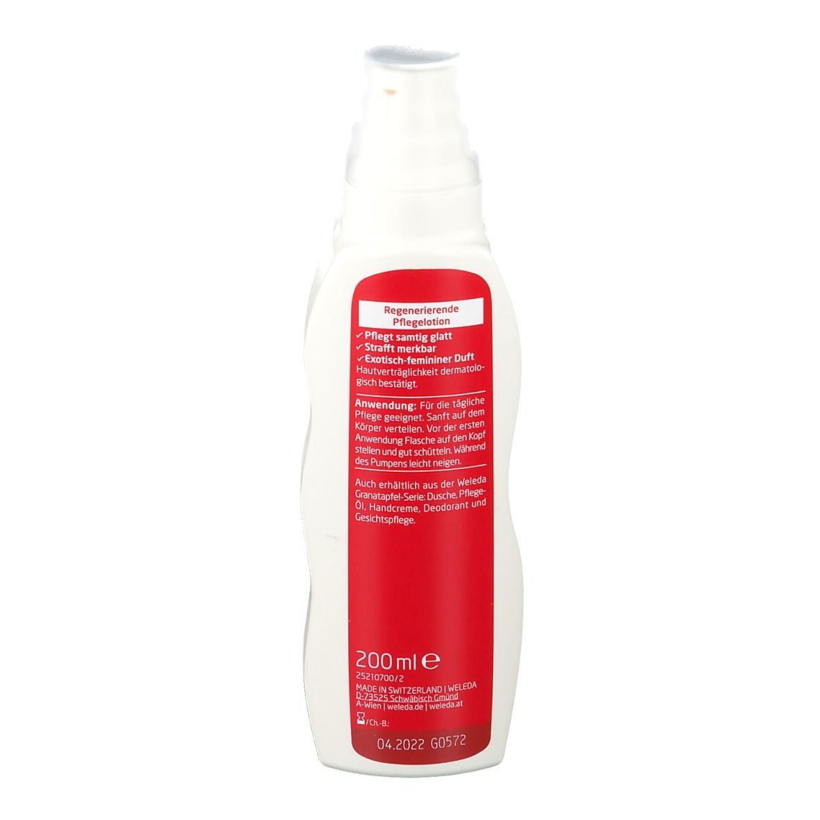 Weleda Pflegelotion, Rückseite. Weiße Flasche mit rotem Aufkleber. Produktinformationen und 200ml Volumen.