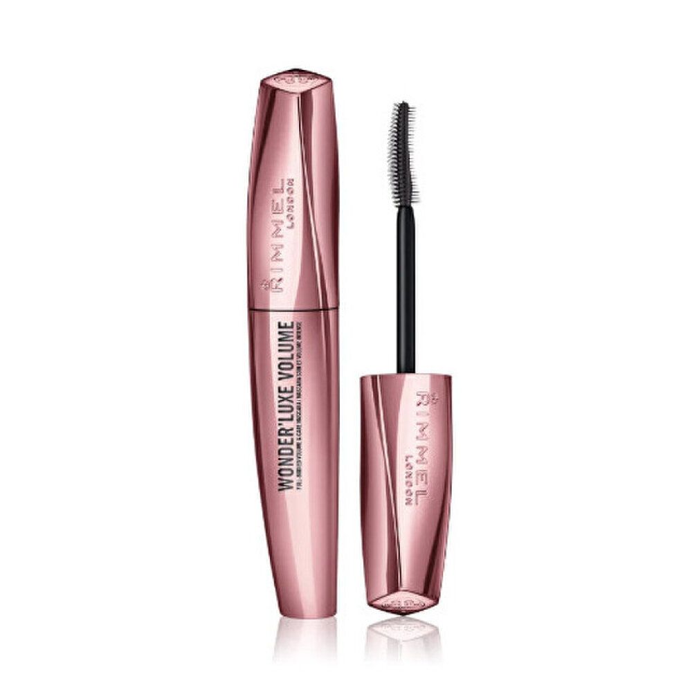 Geöffnete Mascarahülse. Bürste mit Mascara. Produktname: Wonder'Luxe Volume. Marke: Rimmel London. Schwarze Mascara.