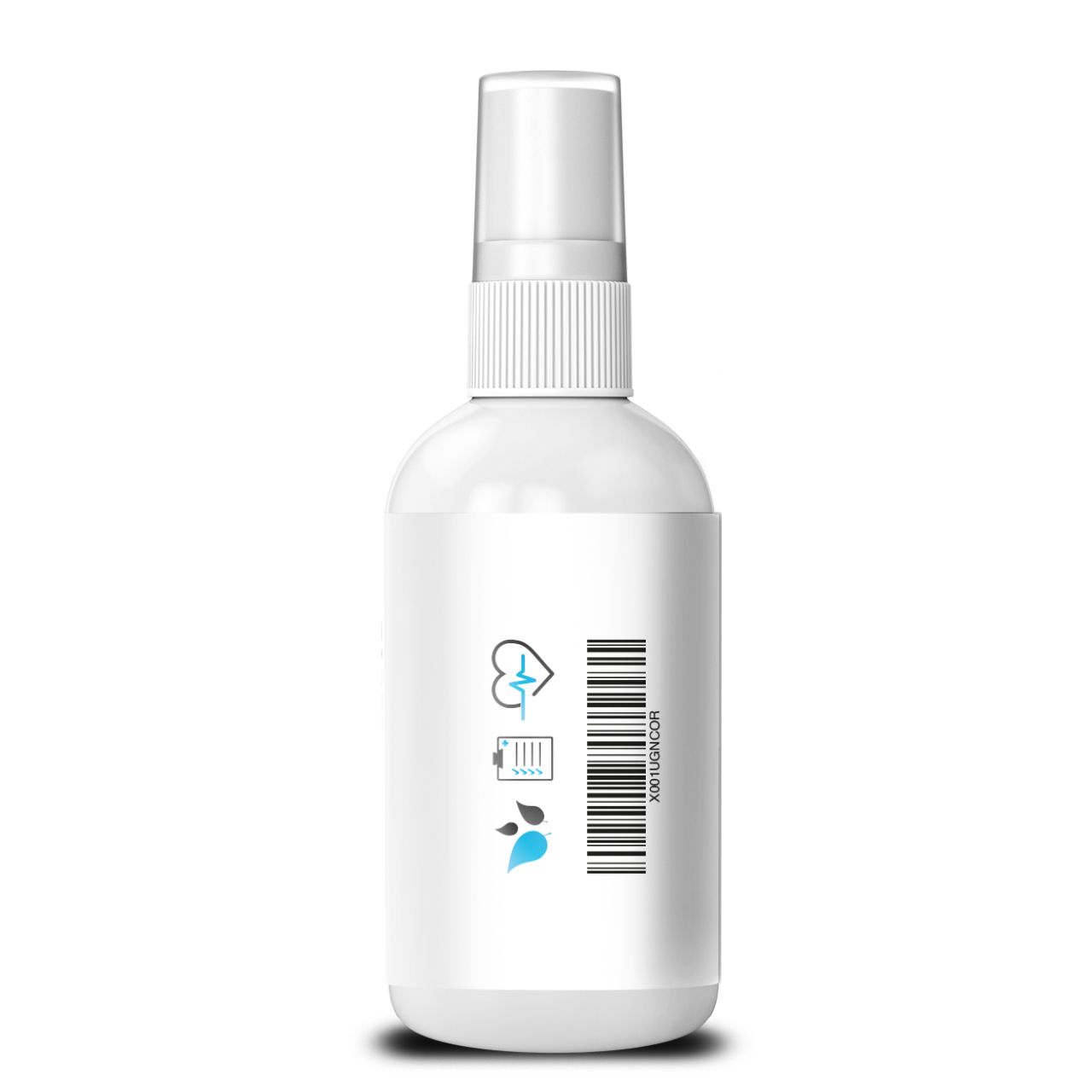 Weiße Sprühflasche mit weißem Etikett, Barcode und blauen Symbolen. Keine Produktbezeichnung sichtbar.