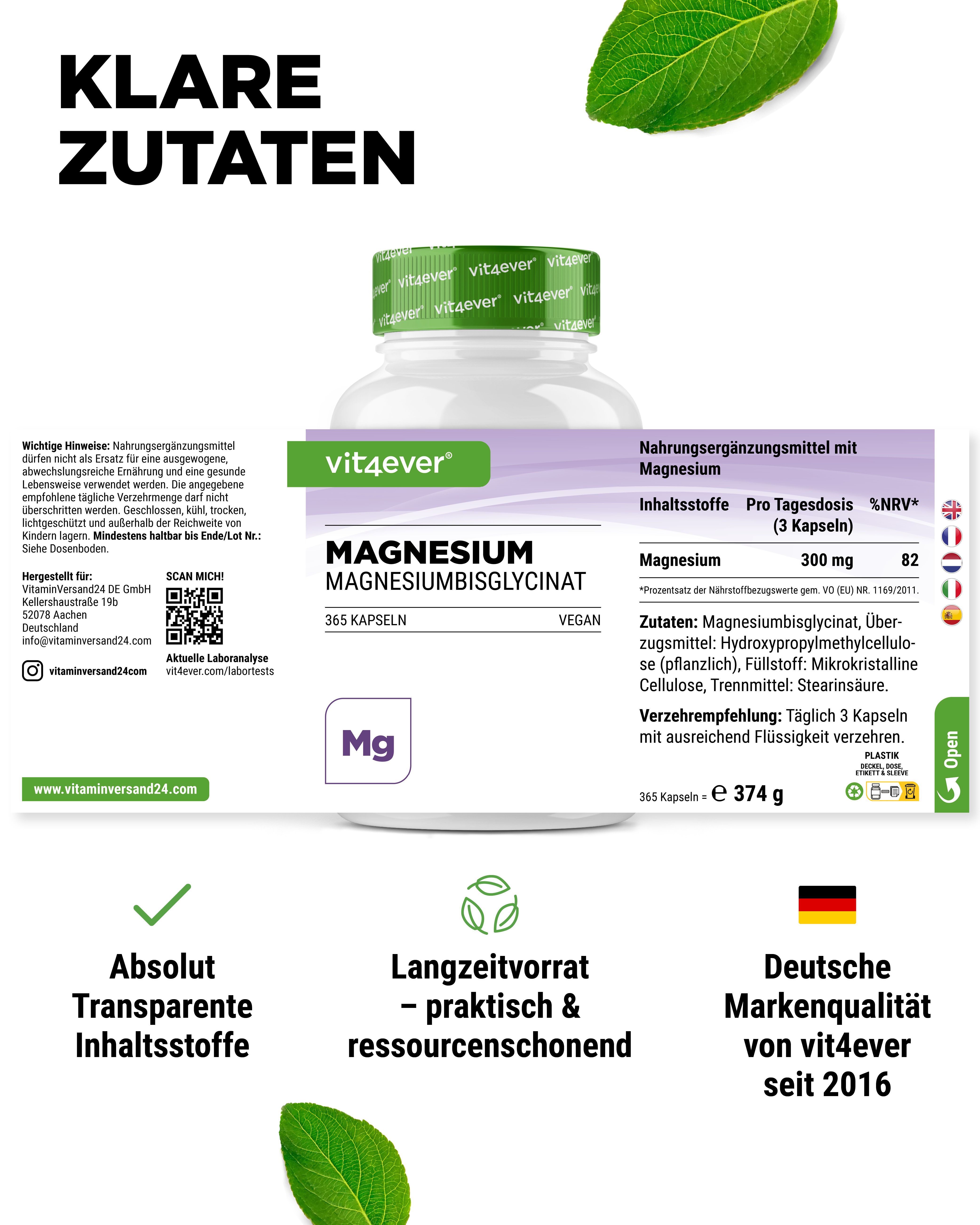 Weißes Pillenbehälter mit grünem Deckel. Aufschrift: vit4ever, Magnesiumbisglycinat. Enthält Informationen über Inhaltsstoffe.