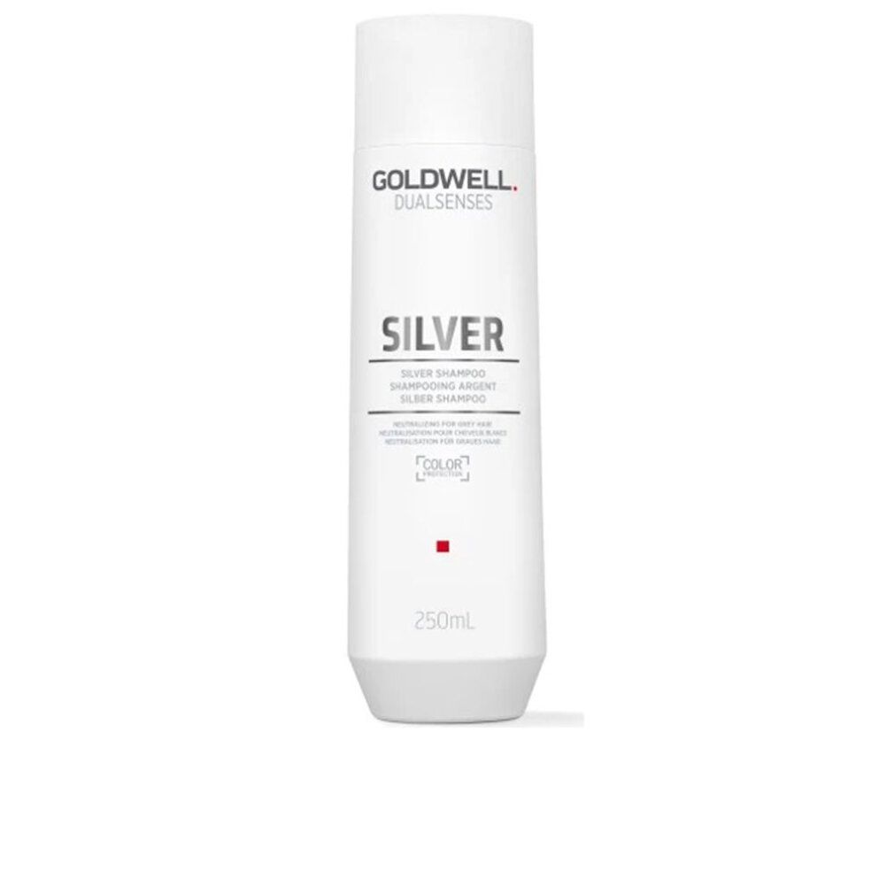 Goldwell Dualsenses Silver Shampoo. Weiße Flasche mit silberner Schrift. Enthält 250ml.
