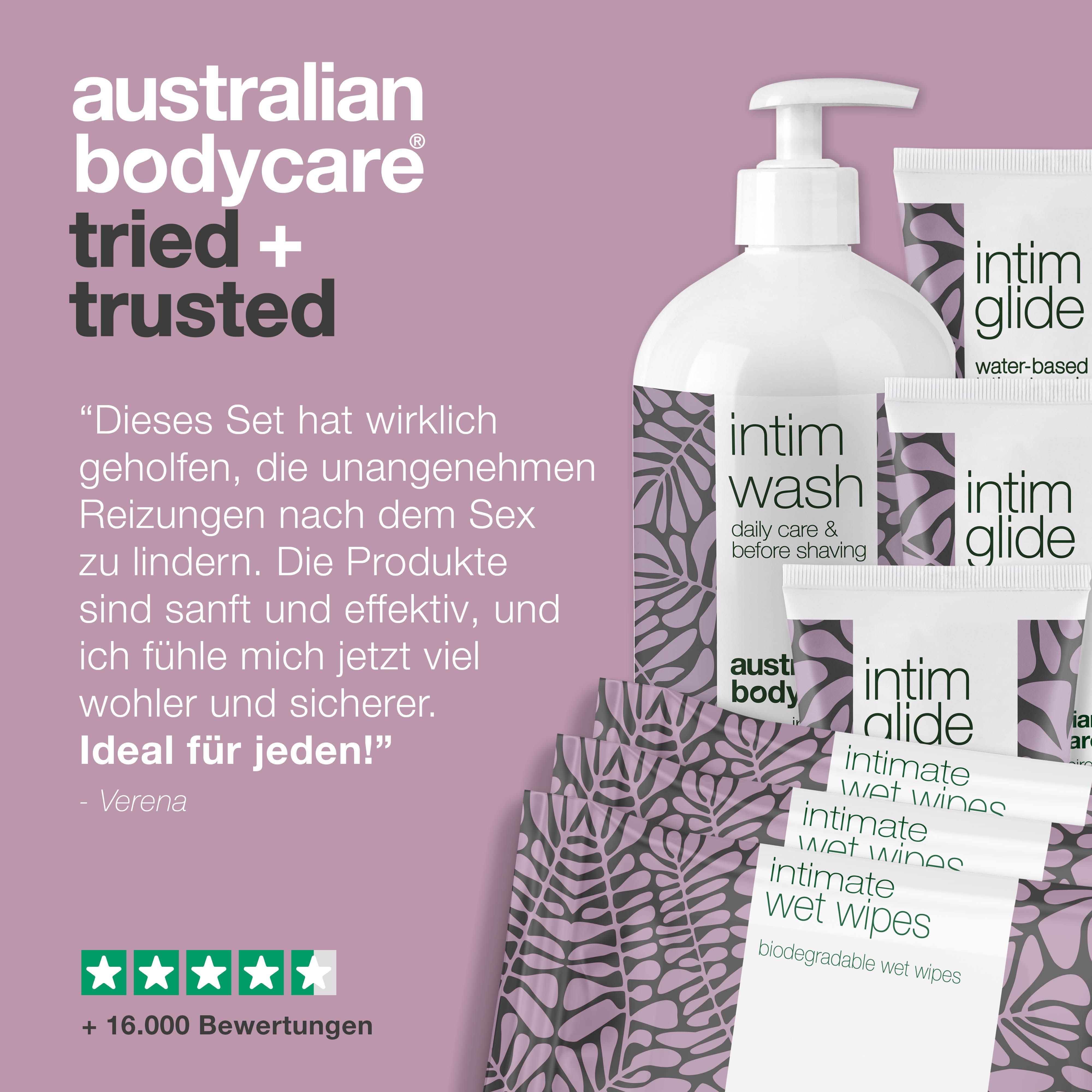 Produkt-Set Intimpflegeprodukte. Produkte Intim Wash, Glide, Wet Wipes. Text: Tried + Trusted.