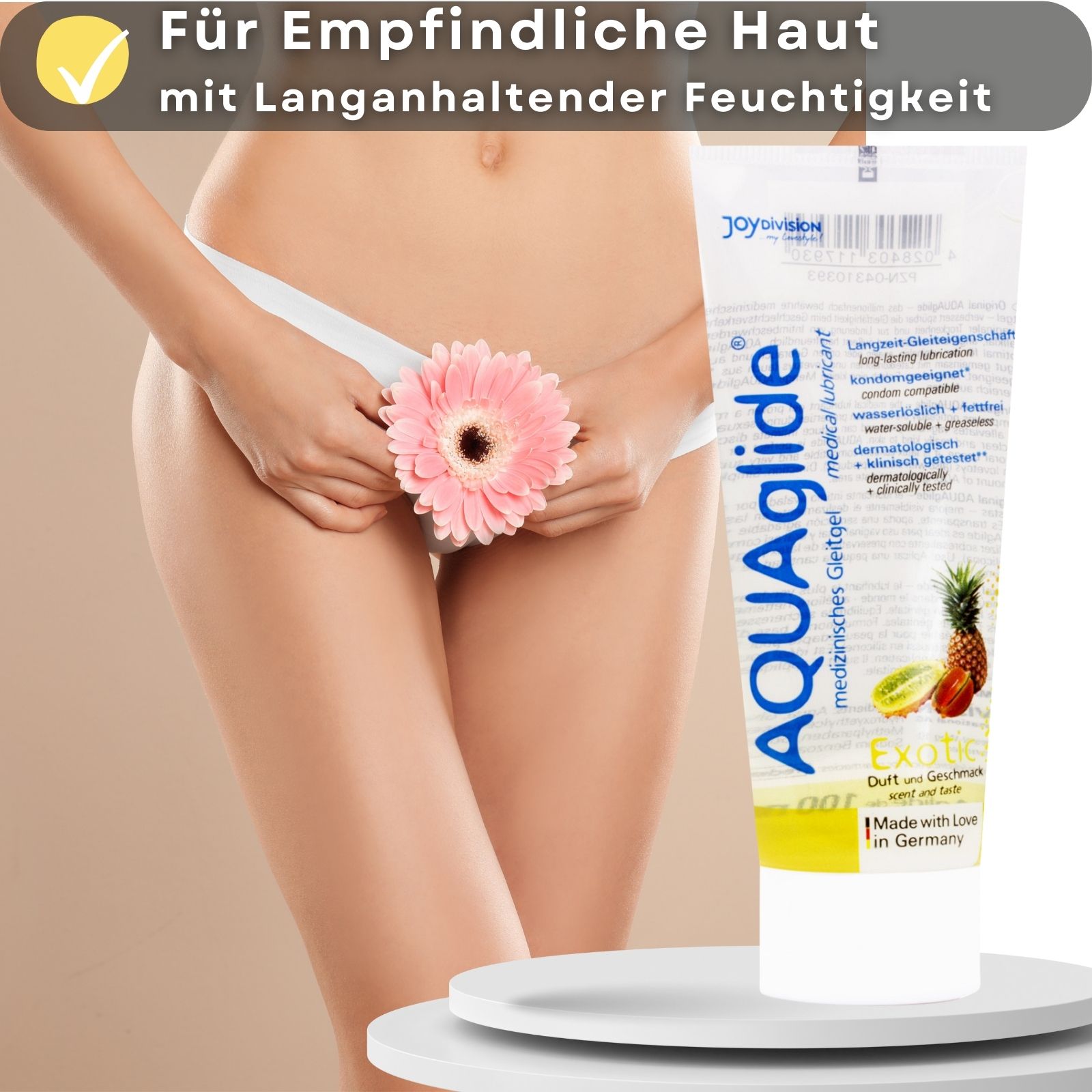 AQUAglide Gleitgel-Tube neben Frau mit Blüte. Text: Für empfindliche Haut mit langanhaltender Feuchtigkeit. Mit Ananas- und Kiwi-Abbildung.