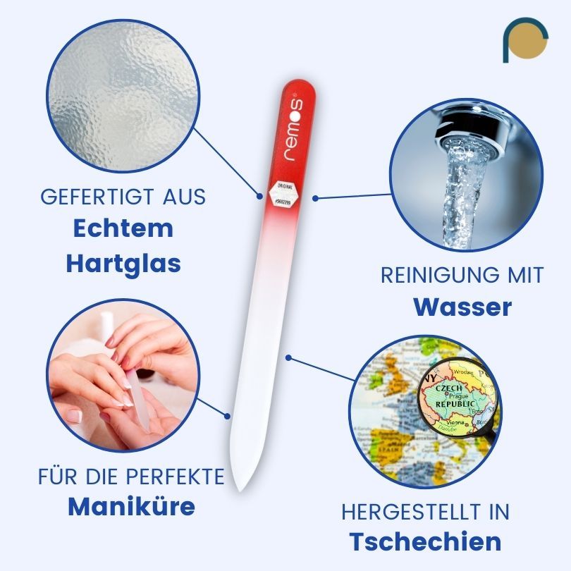 Glasnagelfeile, rot-weiß, mit Logo. Text: Gefertigt aus Echtglas, Reinigung mit Wasser, für Maniküre, hergestellt in Tschechien.