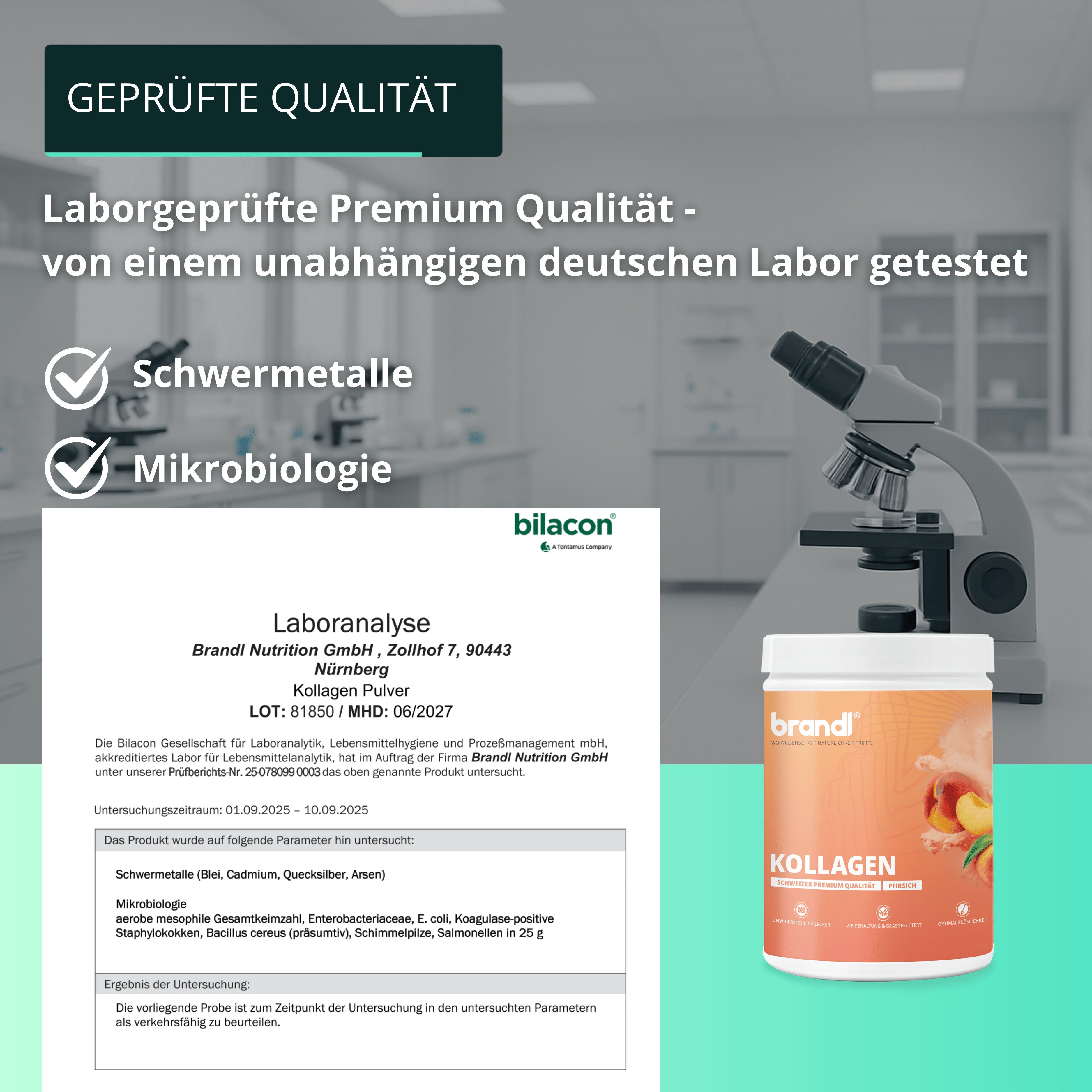 Produktglas mit Text: Kollagen. Laboranalyse mit Mikroskop. Text: Geprüfte Qualität. Schwer Metalle, Mikrobiologie. Laborgeprüft.