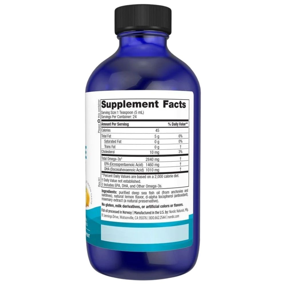 Supplement Facts Etikett auf einer blauen Flasche mit schwarzem Verschluss. Zeigt Nährwertangaben und Inhaltsstoffe.