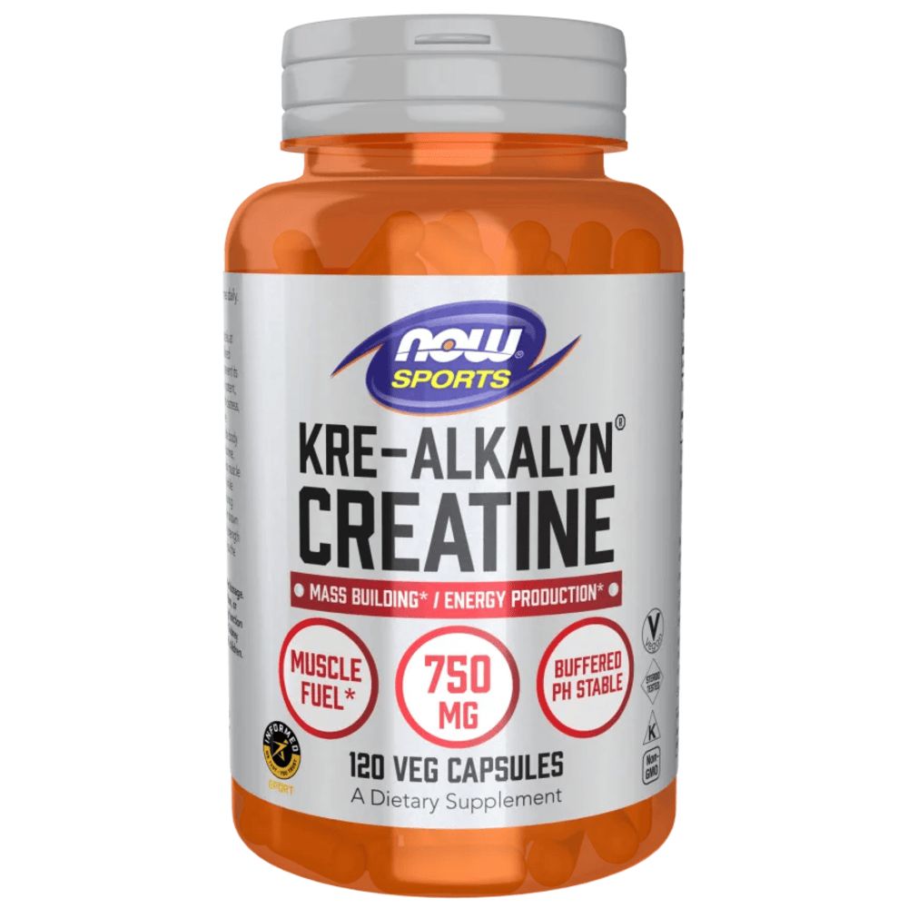 Orangefarbene Flasche Now Foods Kre-Alkalyn Kreatin. 120 Kapseln. Etikett mit Produktnamen, Inhaltsangaben und Logo.