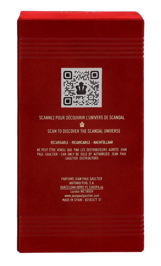 Rote Verpackung mit Text und QR-Code. Text enthält "SCANDAL", "Jean Paul Gaultier" und weitere Informationen.