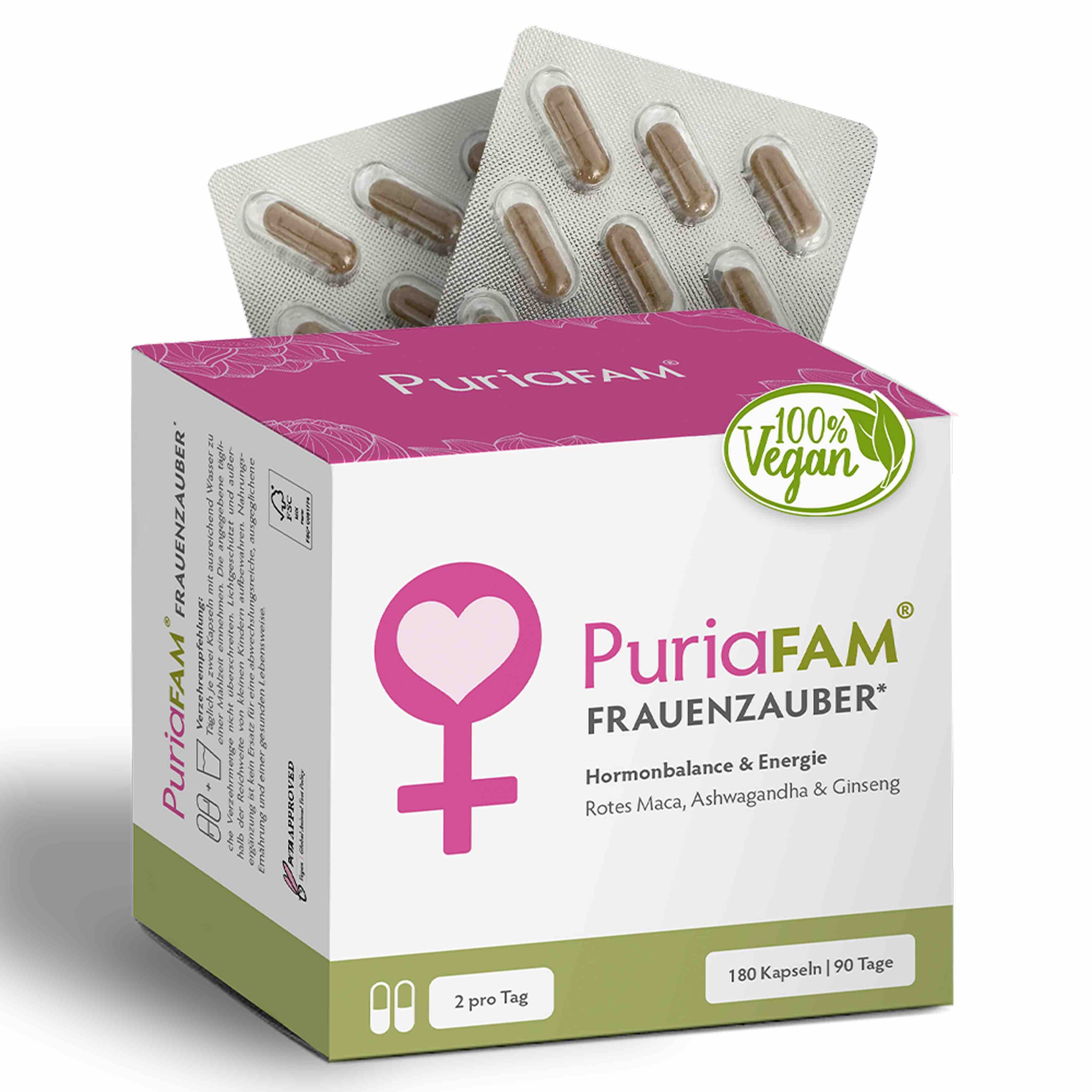 Kapseln in Blistern und Schachtel. Aufschrift: PuriaFAM Frauenzauber, 100% vegan. Enthält Rotes Maca, Ashwagandha & Ginseng.