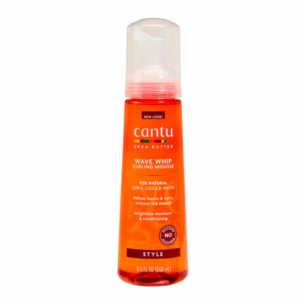 Orange Flasche Cantu Shea Butter Wave Whip Curling Mousse mit Pumpspender.