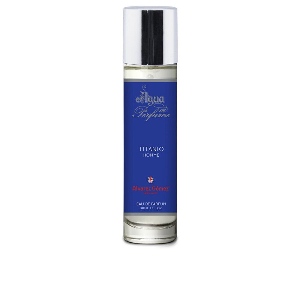 Parfümflasche mit blauem Etikett. Aufschrift: Agua Perfume, Titanio Homme, Alvarez Gómez. Eau de Parfum.