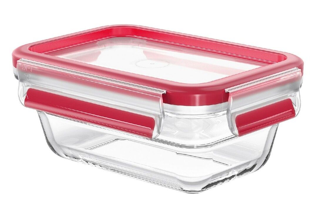 Rechteckige Frischhaltedose mit rotem Deckel und Clips. Klares Glas, roter Deckelrahmen und Clips. Deckel mit transparentem Mittelteil.