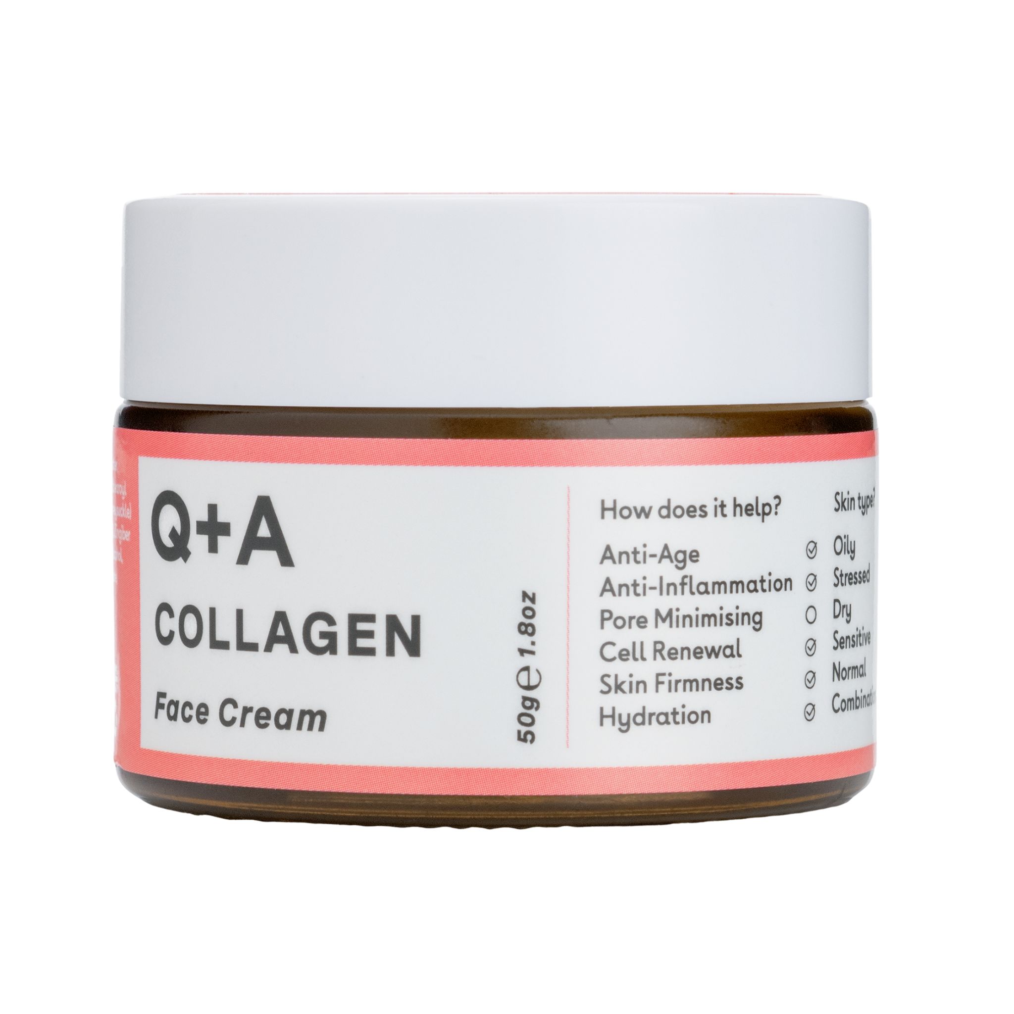Cremebehälter mit Etikett. Aufschrift: Q+A Collagen Face Cream. Angaben zu Inhaltsstoffen und Hauttypen.