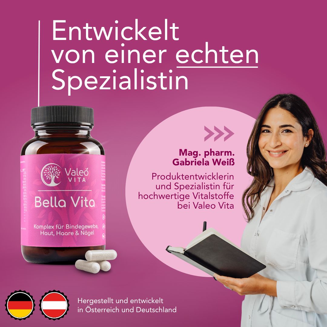Produktflasche mit rosa Etikett neben Frau. Aufschrift: Valeo Vita, Bella Vita. Kapseln daneben.