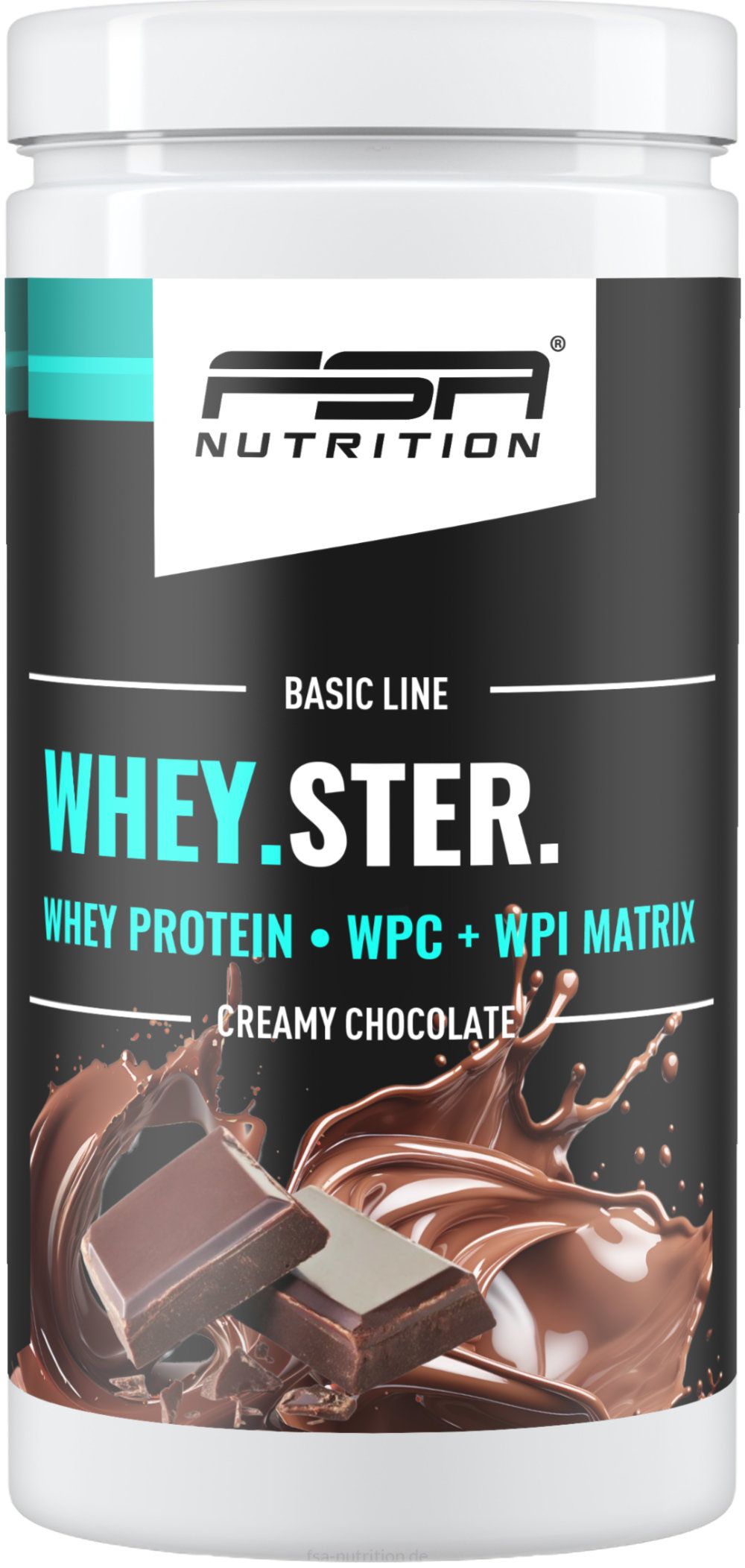 Weißes Protein-Pulver-Behälter mit FSA NUTRITION Logo. Aufschrift: WHEY.STER. WHEY PROTEIN, WPC + WPI MATRIX, Creamy Chocolate.