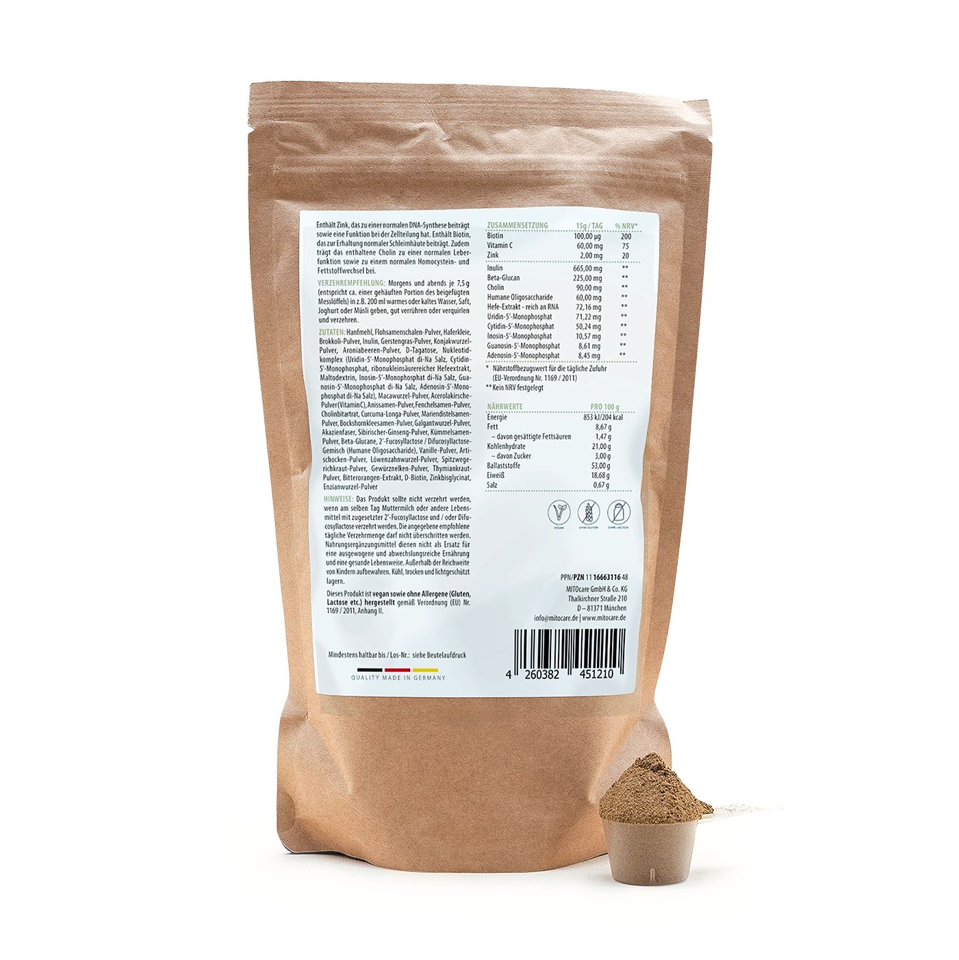 Rückseite der MITOcare Flora Total Pulververpackung mit Nährwertangaben und Inhaltsstoffen.