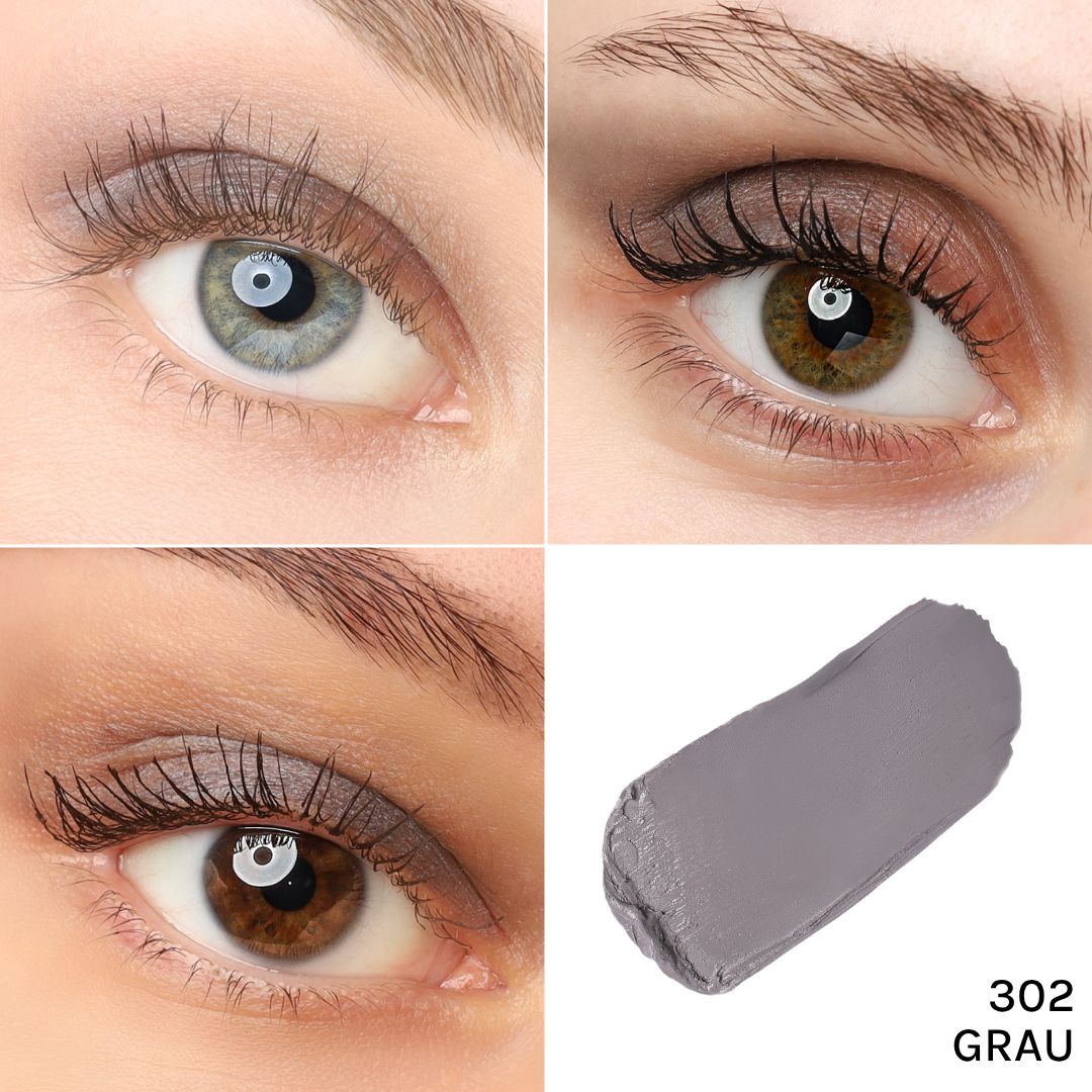 Grauer Lidschatten. Vier Augen zeigen unterschiedliche Lidschatten-Anwendungen. Rechts unten: Lidschatten-Farbe 302 Grau.