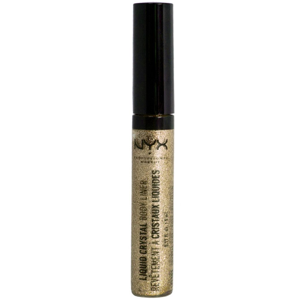 Goldfarbener Flüssigkristall-Körperlinder von NYX. Schwarzer Deckel. Text: Liquid Crystal Body Liner, Revêtement à Cristaux Liquides.