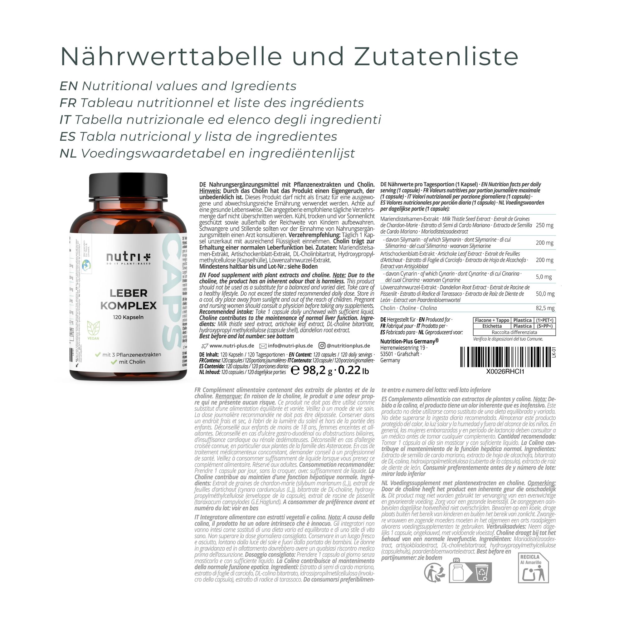 Braune Flasche mit Etikett und Text. Daneben eine Tabelle mit Nährwertangaben und Zutatenliste in mehreren Sprachen.