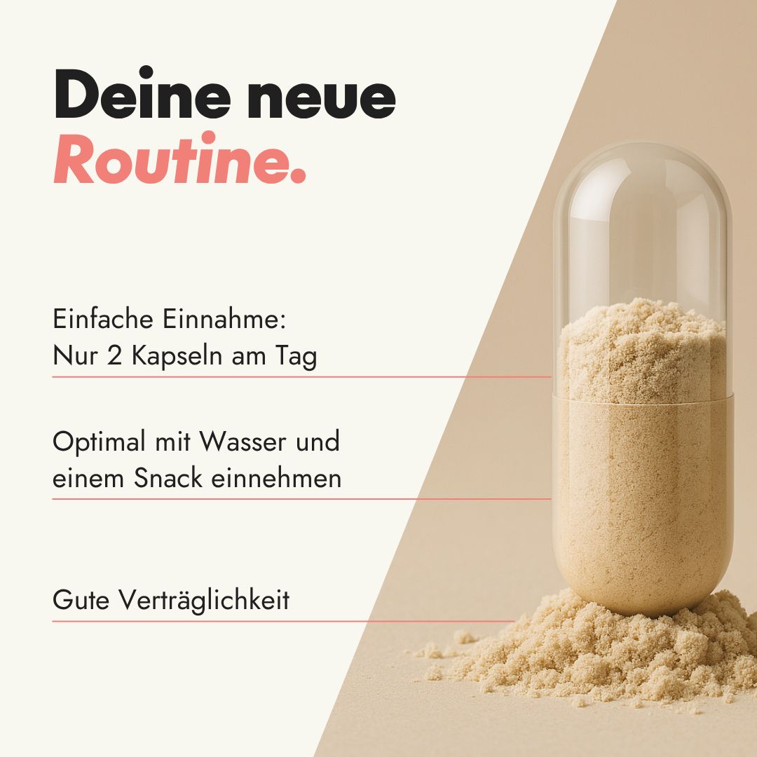 Kapsel mit Inhalt. Text: Einfache Einnahme: Nur 2 Kapseln am Tag. Optimal mit Wasser und Snack. Gute Verträglichkeit.
