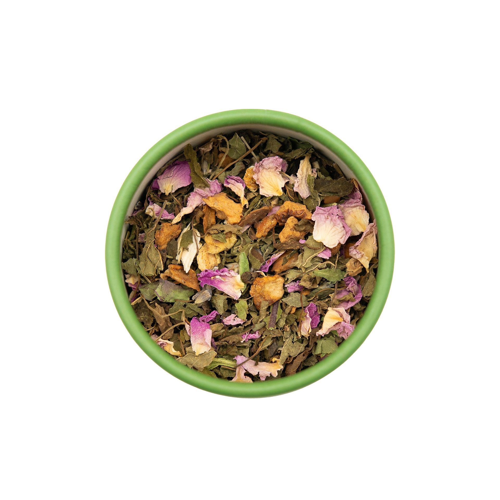 Grüner Behälter mit Kräutermischung. Blütenblätter, Kräuter sichtbar.