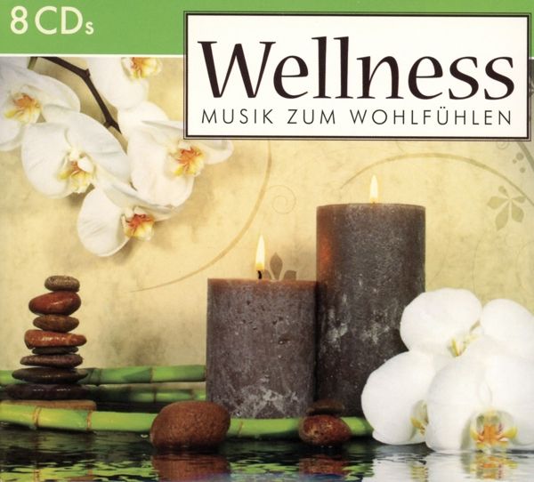 CD-Hülle mit dem Titel "Wellness Musik zum Wohlfühlen". Abgebildet sind Kerzen, Orchideen und Steine.