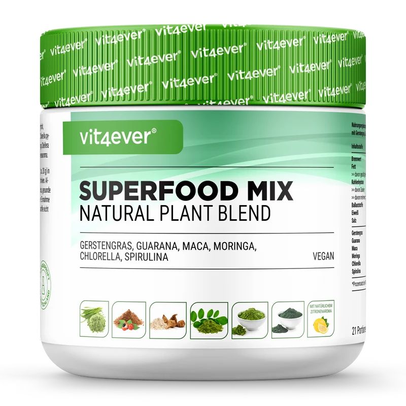 Vit4ever Ballaststoff Mix Superfood Pulver in weißem Behälter mit grünem Deckel.