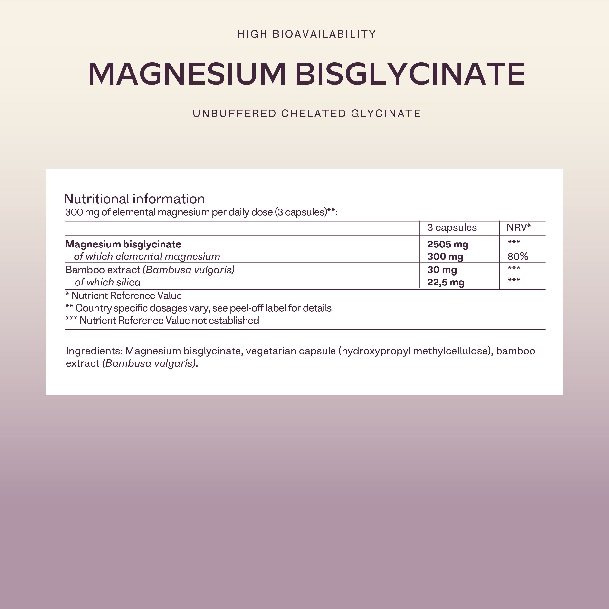 Nahaufnahme der Nährwertangaben. Magnesium Bisglycinat. 300 mg elementares Magnesium.