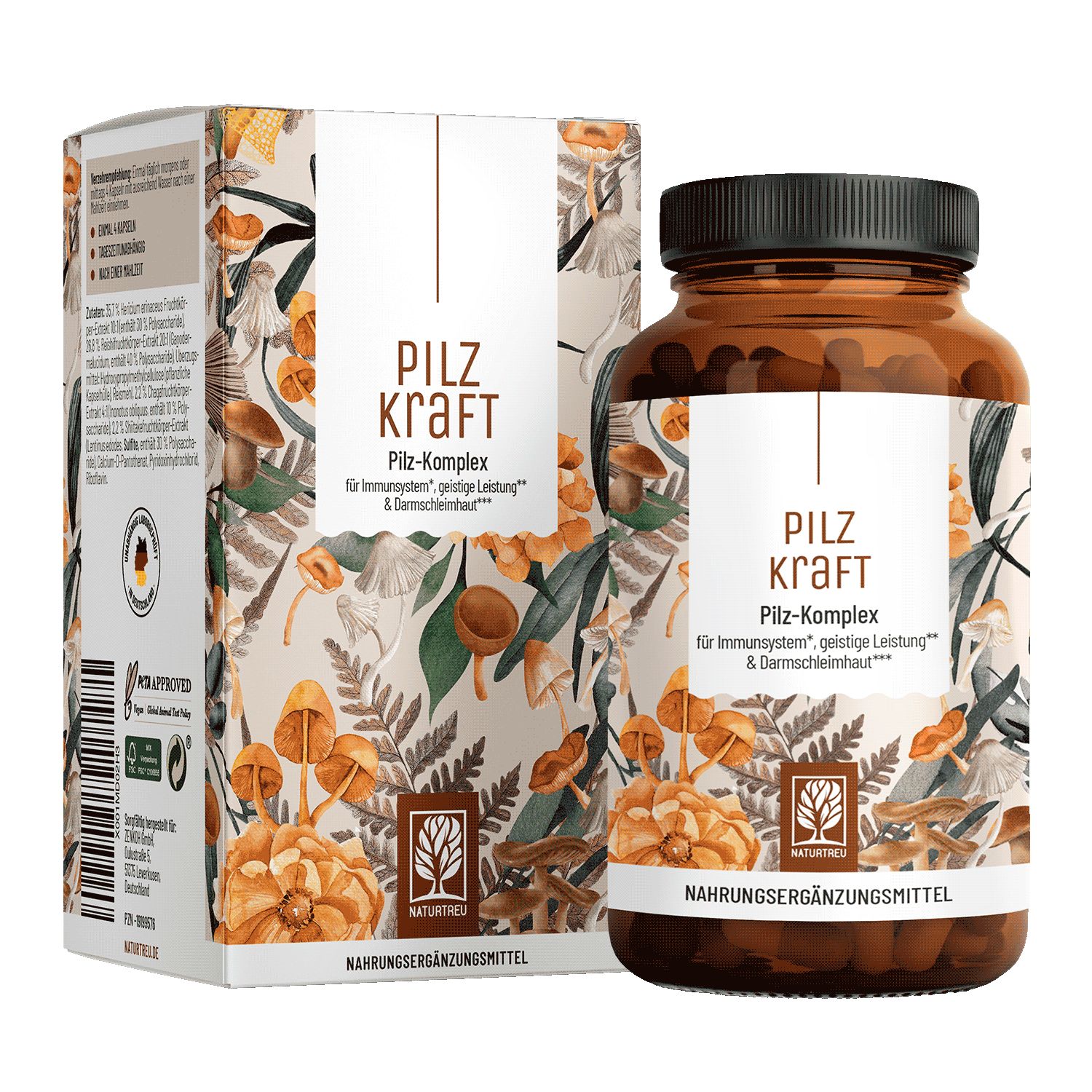 Braune Glasflasche und Karton mit Pilz-Komplex. Schriftzug: Pilzkraft, NATURTREU®. Aufdruck: Nahrungsergänzungsmittel.