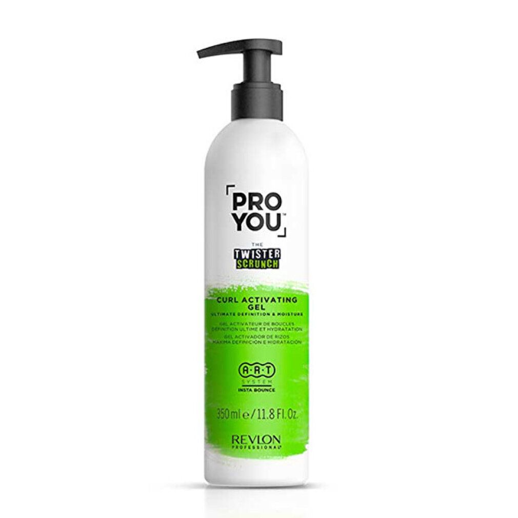Weiße Flasche mit schwarzem Pumpkopf. Aufschrift: Pro You The Twister Scrunch Curl Activator Gel. Grüne Akzente. 350ml.