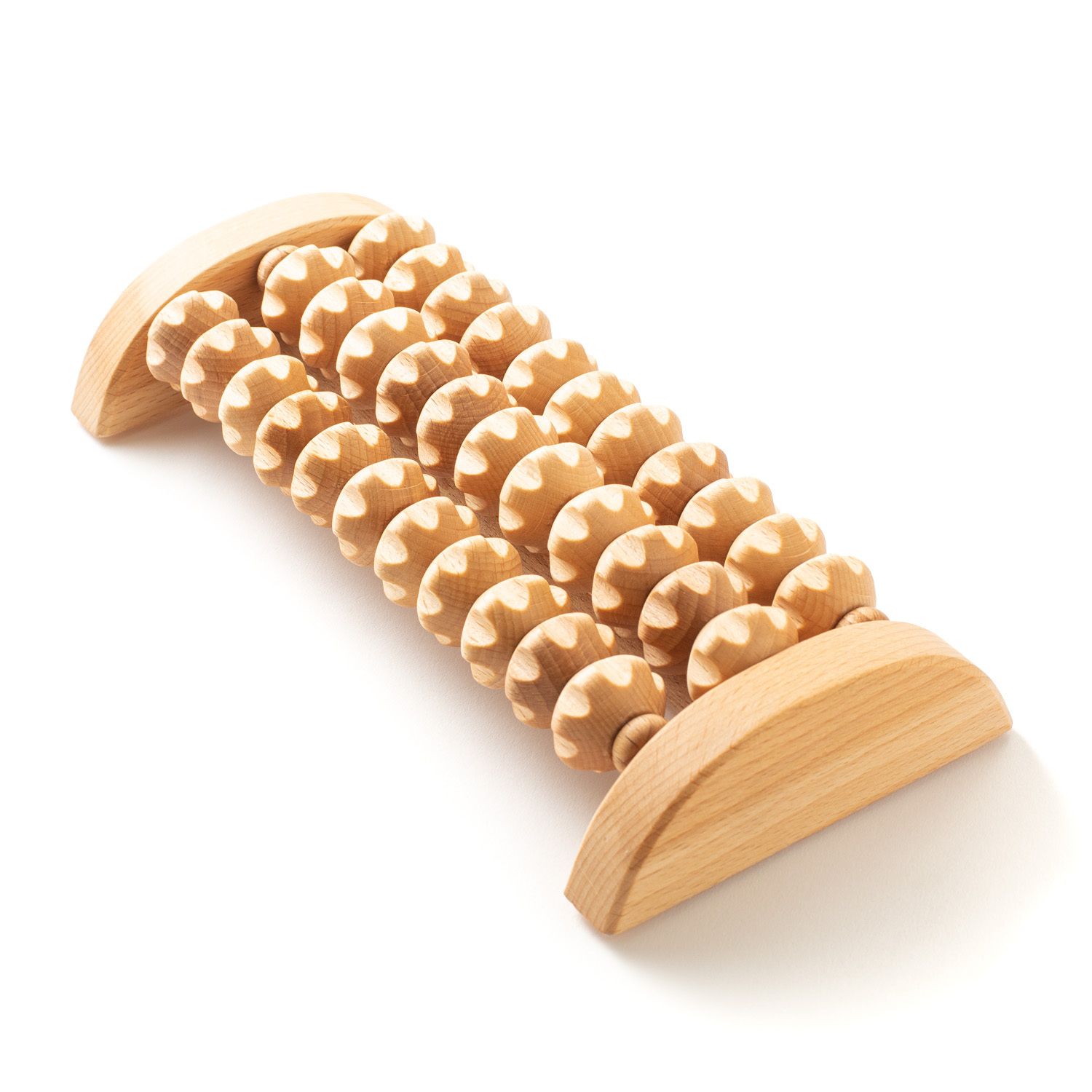 Fußmassagegerät aus Holz mit Rollen. Holzrahmen mit mehreren Holzrollen zur Fußmassage.