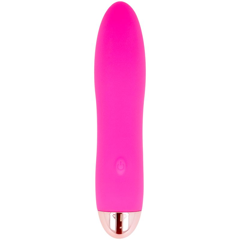 Pinker Silikon-Vibrator mit silbernem Akzent am unteren Ende und einem Power-Knopf.