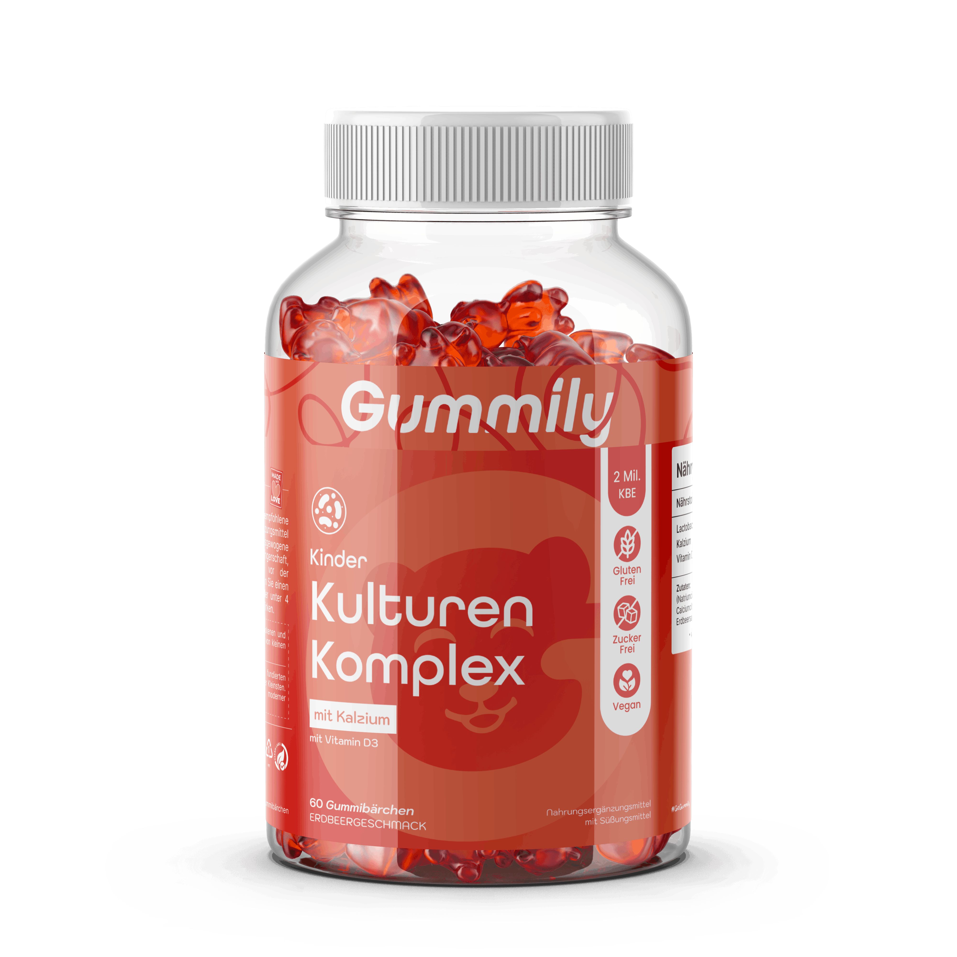 Flasche Gummibärchen mit der Aufschrift "Gummily Kinder Kulturen Komplex mit Kalzium".