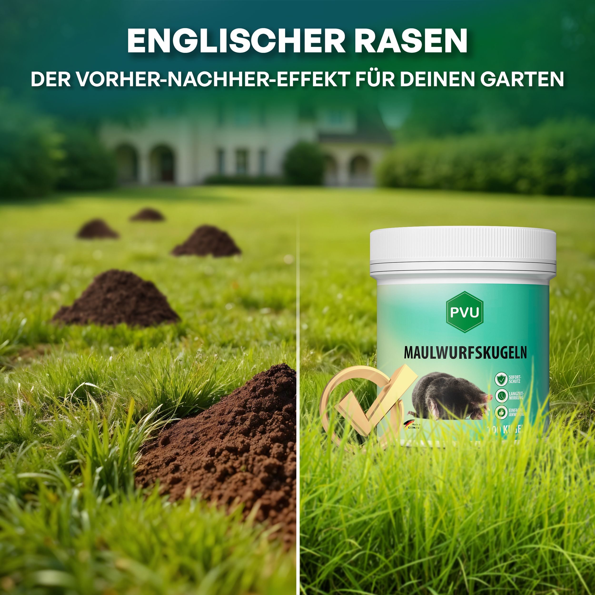 Garten mit Rasen und Maulwurfshügeln. Ein grüner Behälter mit Text: MAULWURFSKUGELN.