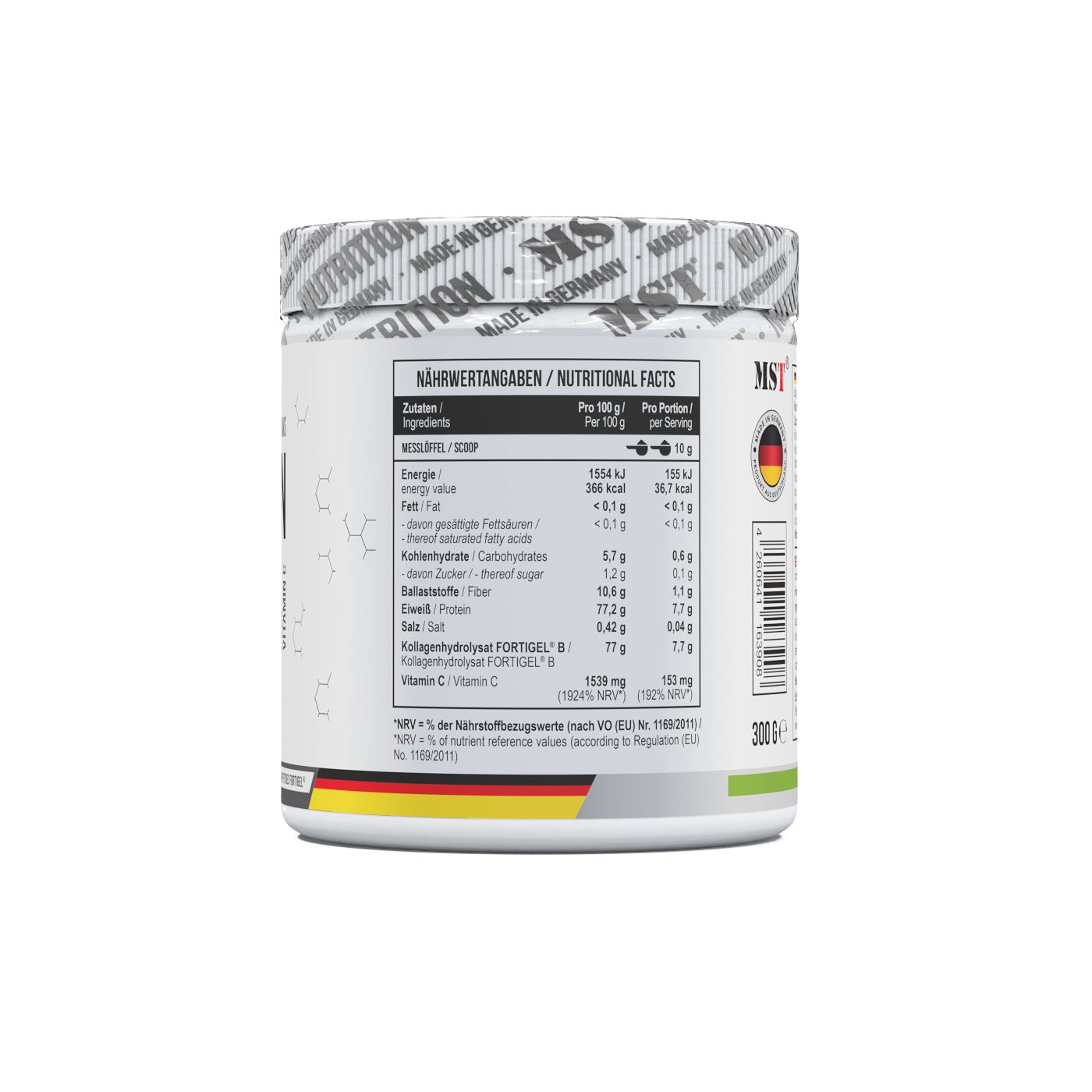 Weiße Dose mit Nährwertangaben. Aufschrift: MST, Made in Germany. Enthält Kollagen-Peptide Fortigel, Vitamin C.